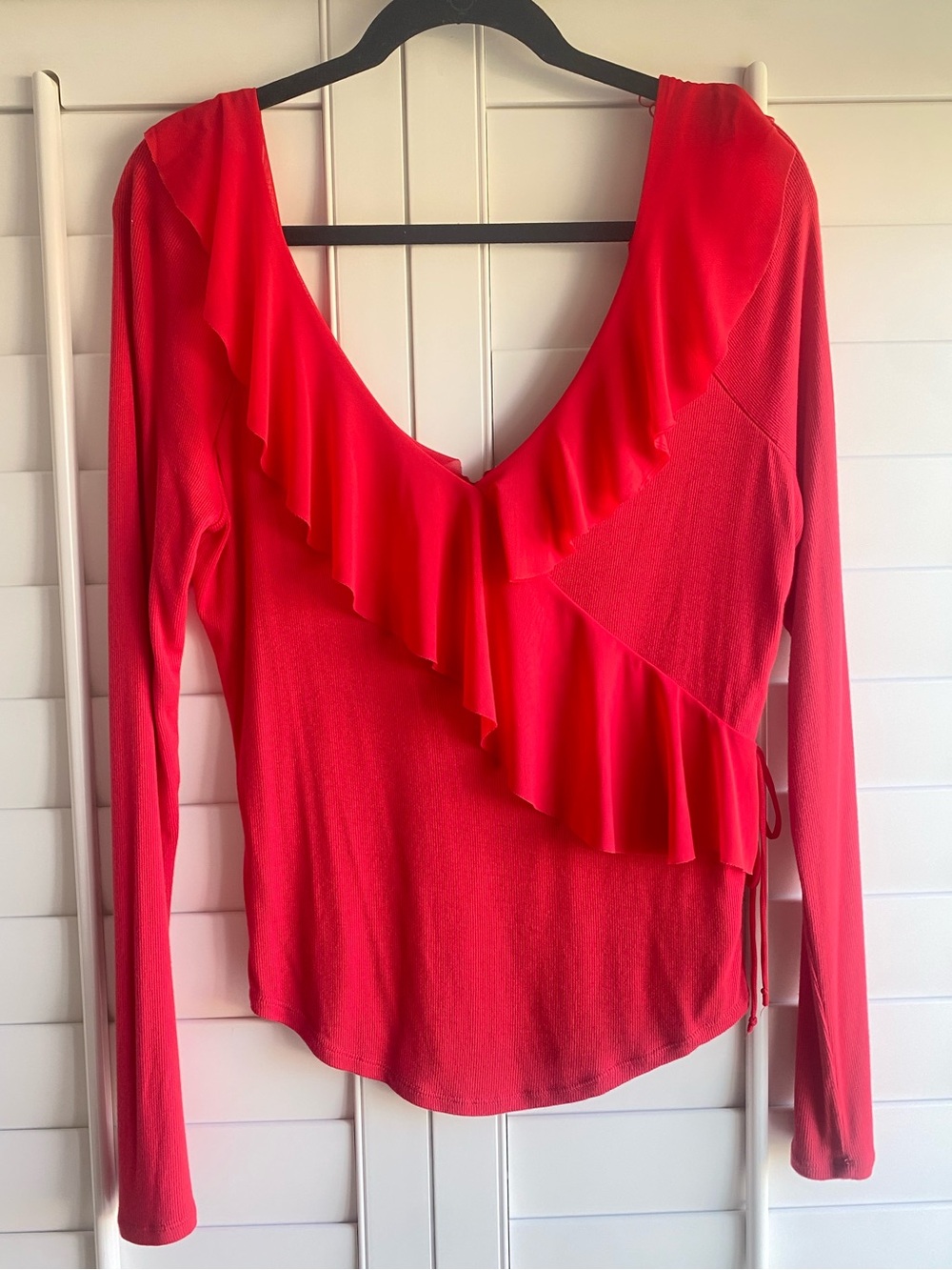 Free People Ribbed Wrap Top Large Red Ruffle Long Sleeve Tie Waist